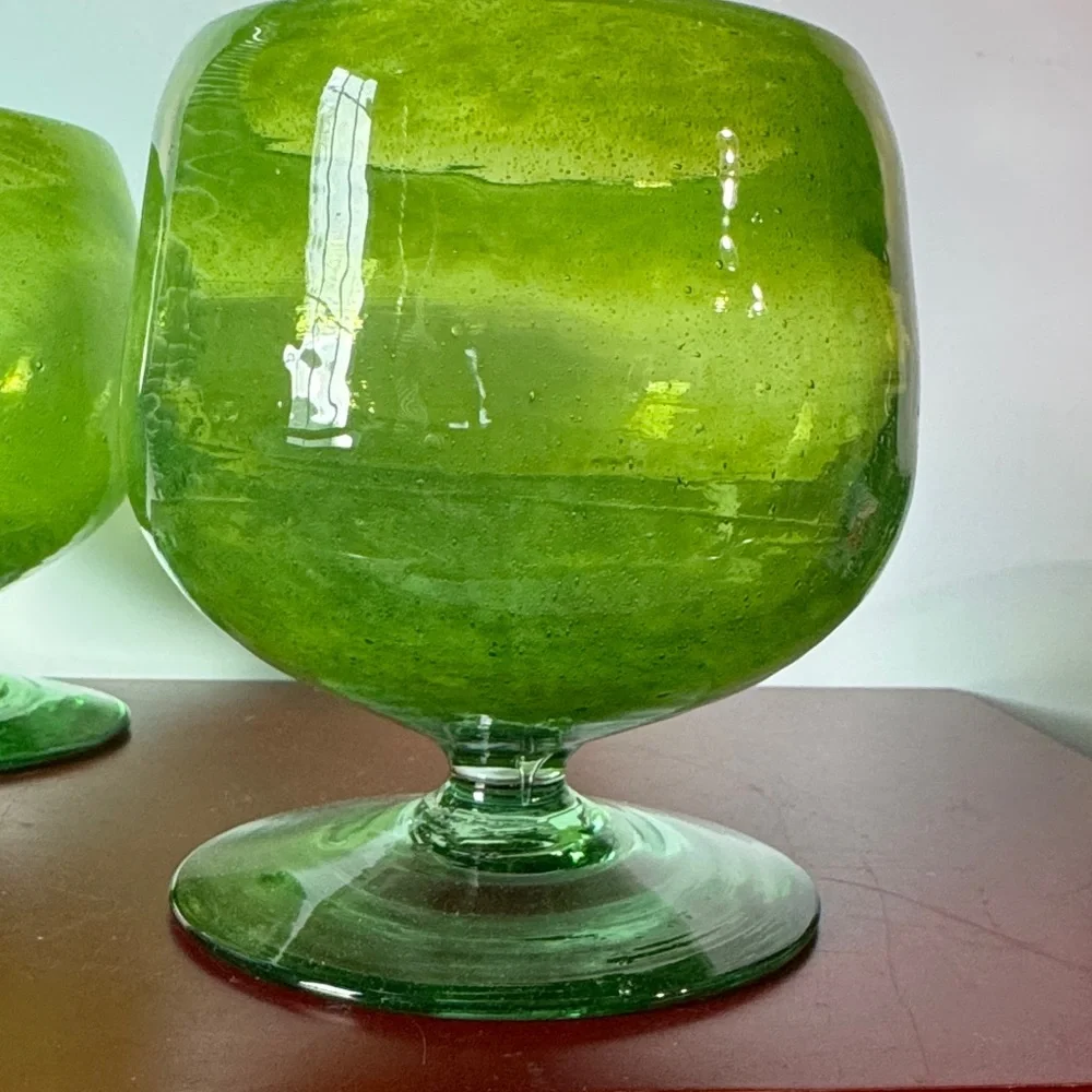 Vintage Set of hand Blown Glass Brandy Snifter Stemmed Green Glass